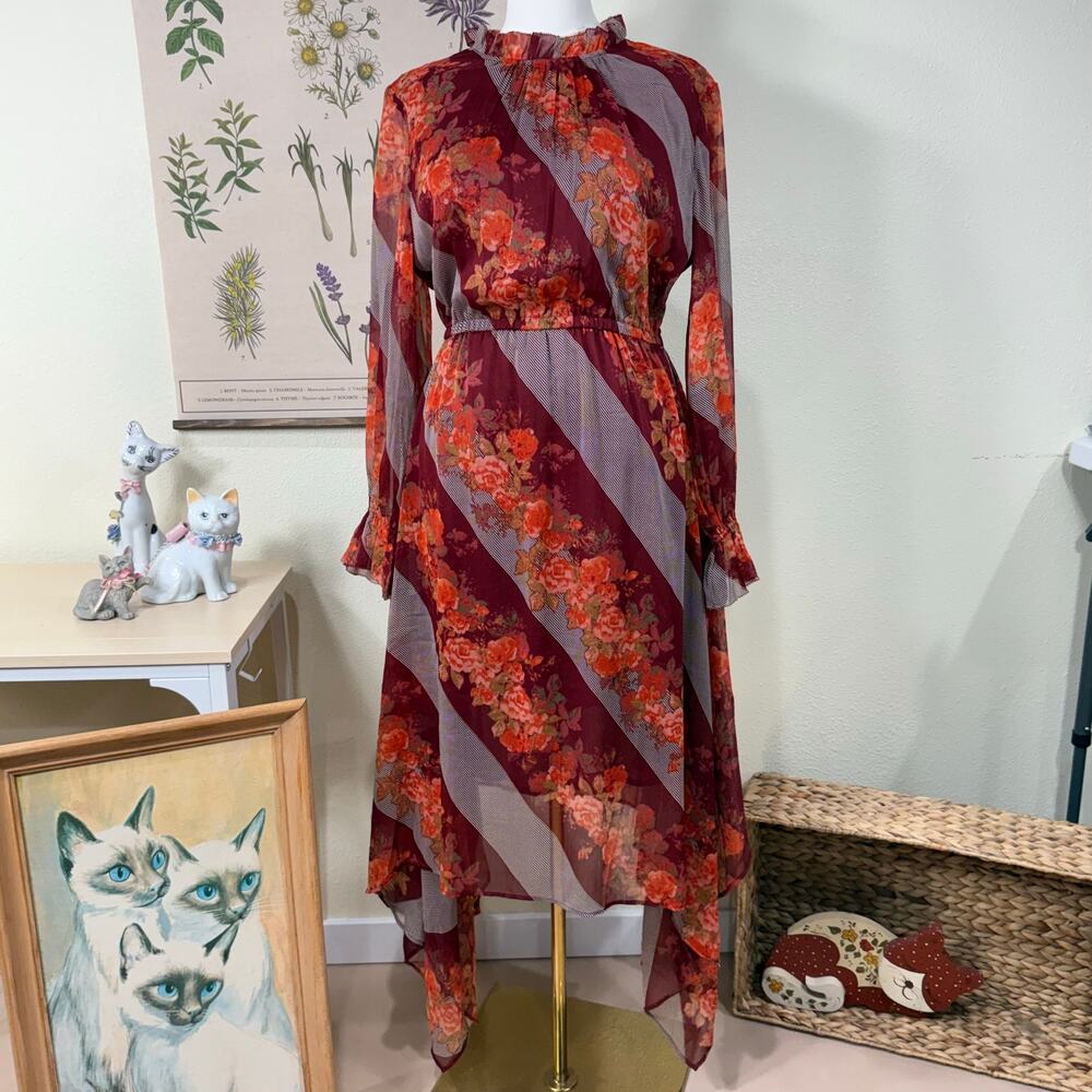 Soft Surroundings Floral Chiffon Asymmetric Hem Long Sleeve Dress Boho Cottage M